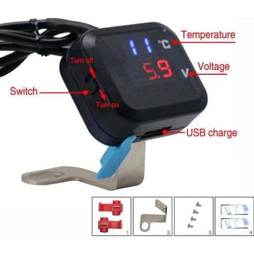 3 in 1 Digital Motorcycle Temperature Gauge Koso Moto Voltmeter DC 8.0 ~30.0 V with USB Charging Port