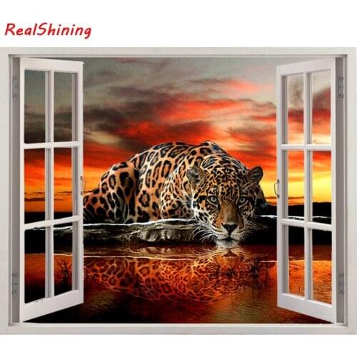 5D Diy Diamond Painting Cross Stitch full Square Diamond Embroidery leopard window picture for room Decor H1139