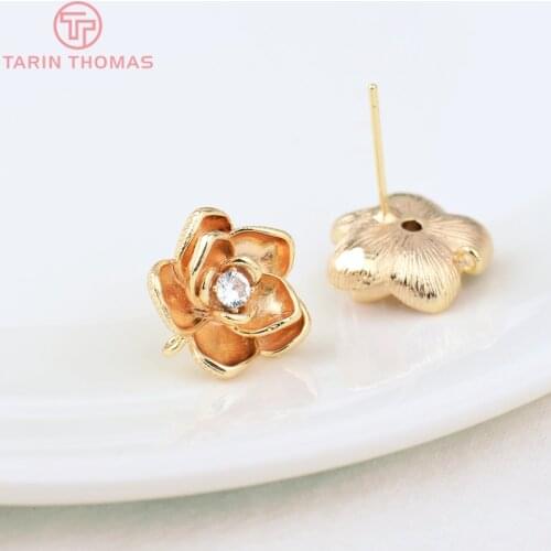 6PCS 14MM Hole 1MM 24K Gold Color Brass with Zircon Flower Stud Earrings High Quality DIY Jewelry Making Findings