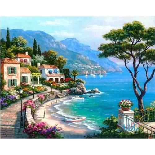 Diamant painting Diamond mosaic full diamond embroidery beads Beautiful Seaside Town Trees diamond cross stitch Square diamond
