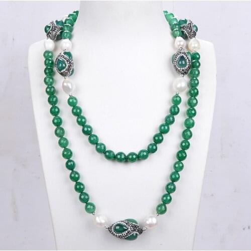 Jewelry 46'' 14mm Natural Cultured White Rice Pearl Green Agate Round Station Long Necklace