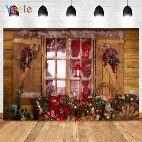 Yeele Merry Christmas Brown Wooden House Pine Branches Bead Red Ball Background Photophone Photography for Decor Customized Size