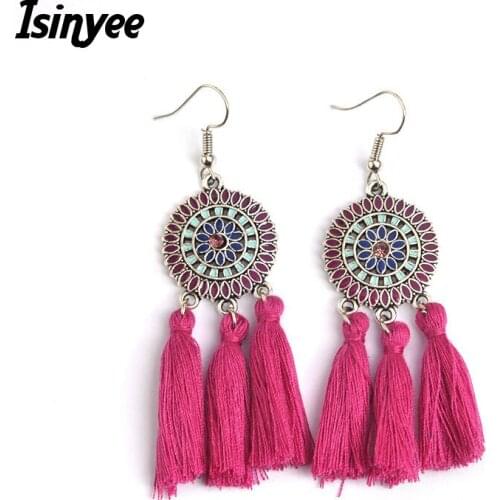 ISINYEE Fashion Silk Rope Tassel Earrings For Women Bohemian Ethnic Sun Flower Earring Vintage Silver Bohe 2017 Tassle Jewelry