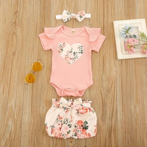 0-24M Summer Baby Girls Clothes Sets Flowers Heart Print Ruffles Short Sleeve Romper Shorts Headband