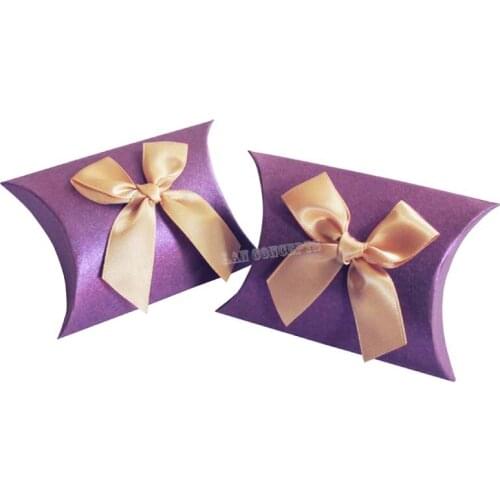 Pillow Box with a bow Cardboard Favors Box Cardpaper Candy Box for baby shower wedding party - purple 120pcs/lot free shipping
