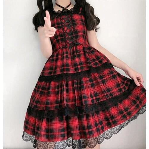 Summer Gothic Lolita Jsk Dress Women Cosplay Punk Lolita Costumes Red Black Plaid Dresses B1849