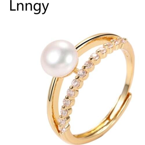 Lnngy 14K Gold Filled Natural Freshwater 6-6.5mm Pearl Ladies Split Shank Ring for Women Engagement Adjustable Ring Pearl Gifts