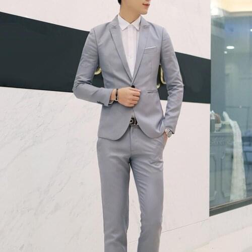 2Pcs Men Two-piece Solid Color Lapel Blazer Suit Button Long Sleeve Slim Fits Blazers Suits Pants For Business