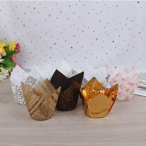 50pcs Newspaper Style Cupcake Liner Baking Cup For Wedding Party Caissettes Tulip Muffin Cupcake Paper Cup Oilproof Cake Wrapper