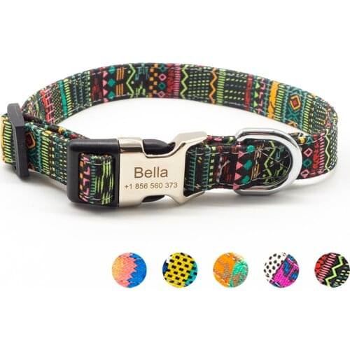 Bohemian style Custom Dog Collar with Pet ID Name Nylon Engraved Collar for Small/Medium/Large Dogs with Nameplate Pet Products