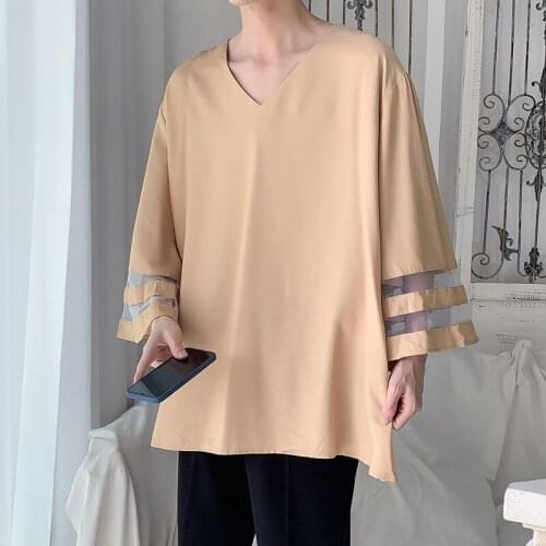 VERSMA Korean Harajuku V Neck Mens Three Quarter Sleeve Shirts Women Mesh Stitch G Dragon Vintage Shirt Men Blouse Dropshipping