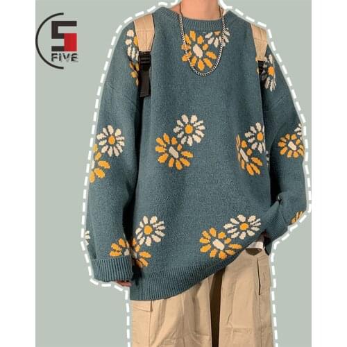 Harajuku Daisy Print Knitting Sweater Men Hip Hop Streetwear Retro Casual Sweaters 2021Autumn Season Keep Warm Oversize Pullover