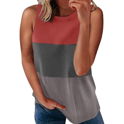 Womens Stitching Contrast Color Round Neck Short-sleeved Casual Loose Vest Top Loose Sleeveless Shirts