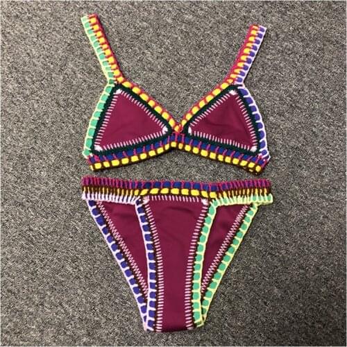 Women Sexy Swimwear with Elastic Swimsuit Handmade Crochet Purplish Red Bikini Sets