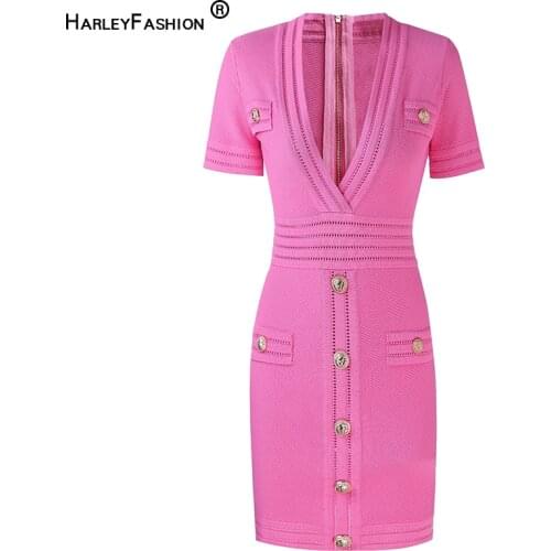 HarleyFashion New Summer European Designer Sexy V-neck Short Sleeve Candy Color Pink Knitting Mini Sheath Sweet Dress