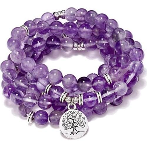 108 Buddhist Prayer Beads Mala Yoga Necklace Or Bracelet For Unisex 8mm Amethysts Tree Of Life Wrists 5 Wraps Bracelet Men Women