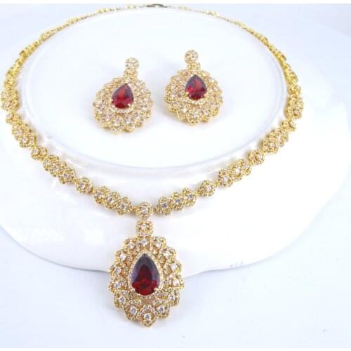 2021 Hot sale New fashion bohemia red green water drop golden necklace earring set wedding party birthday jewelry free shipping