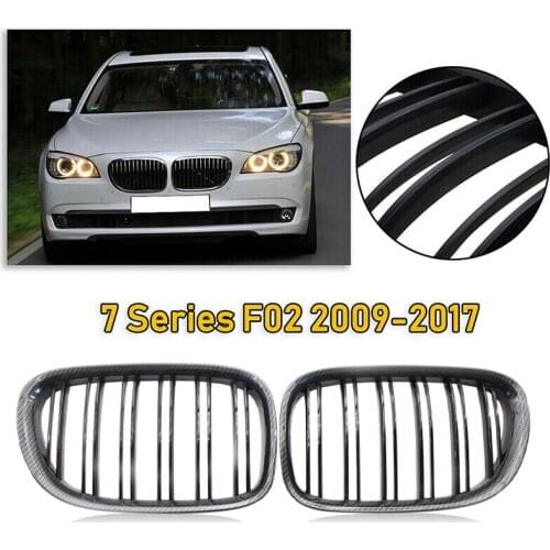 2X Glossy Black Carbon Fiber Front Kidney Grille Double Line Hood Grills For-BMW F02 F01 730 740 750 760 745LI 2009-2017