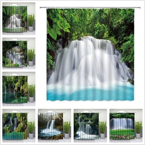 3D Waterfall Natural Landscape Waterproof Shower Curtain Spring Flowers Green Plants Forest Bathroom Decor Curtain Set Cheap