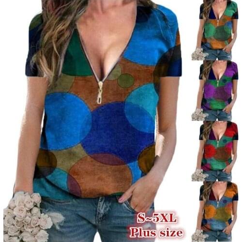 3XL 4XL 5XL Women Summer Plus Size T Shirt Casual Short Sleeve Top Female Tee 2021 Fashion Dot Print Zipper T shirt Oversize