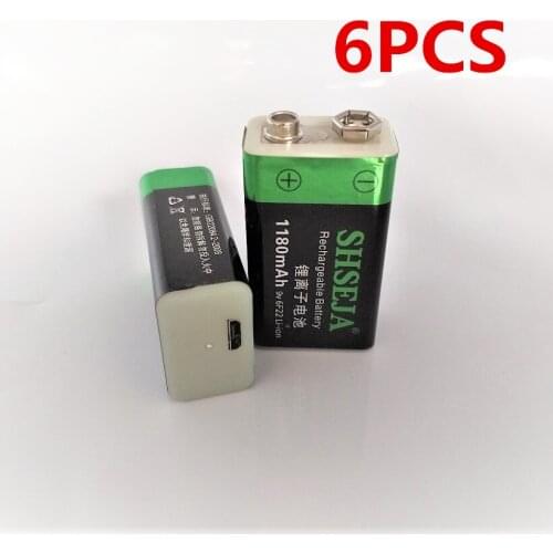 6pcs/lot 1180mAh 9V lithium ion battery 6F22 USB rechargeable battery instrumentation toy rechargeable battery free shipping