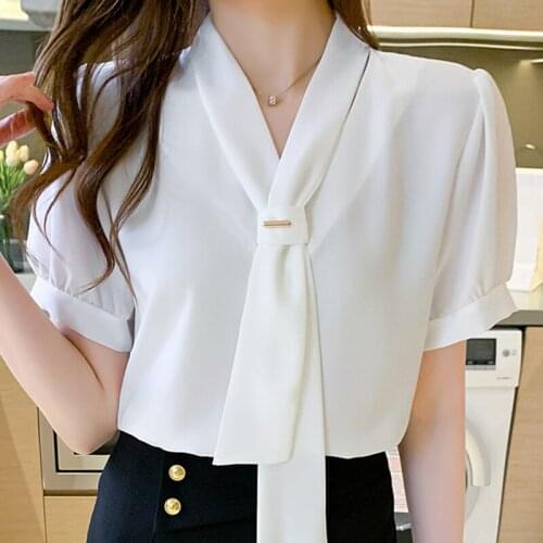 Blusas Blouses Femme Short Sleeve White Blouse Women Blusas Mujer De Moda 2021 Bow V-Neck Chiffon Blouse Shirt Tops Women E926