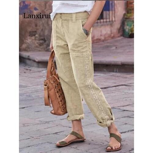 Vintage Casual Loose Cotton Linen Pencil Pants Womens Trousers Casual Elastic Waist Casual Pantalon Plus Size Solid Lace Up