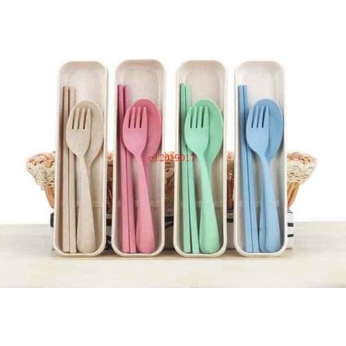 3 Pcs/set Wheat Straw Travel Tableware Cutlery Set With Dinnerware Case Cutlery Set Portable