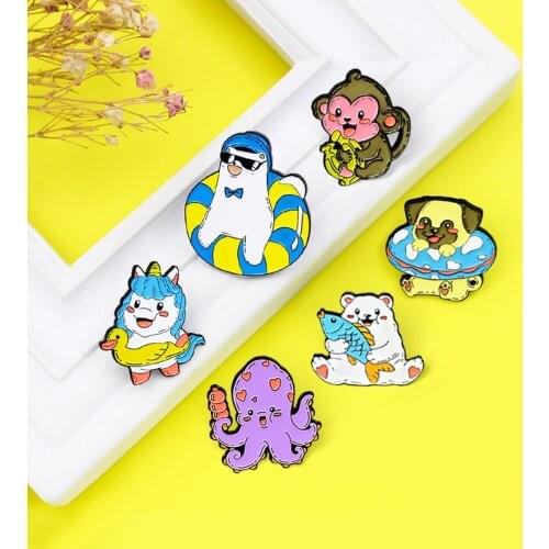 Cartoon Animal Enamel Pins Octopus Monkey Polar bear Unicorn Pug Dog Brooches Enamel Lapel Pin Shirt Bag Badge Gift Friends