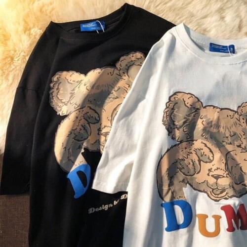 T-shirt bear men and women Korean version 2021 summer new style 100% cotton Harajuku loose printing couple bottoming shirt