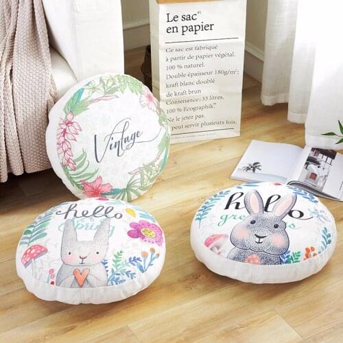 Round Linen Cushion PP Cotton Core Cartoon Rabbit Printed Chair Sofa Car Seat Back Cushions Removable Office Nap Pillow 45x45cm