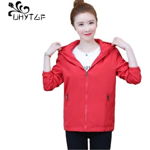 UHYTGF Women Spring Autumn Jacket Solid Wild Hooded Casual Female Short Coat Zipper Loose Thin 5XL Plus Size Tops Outerwear 1345