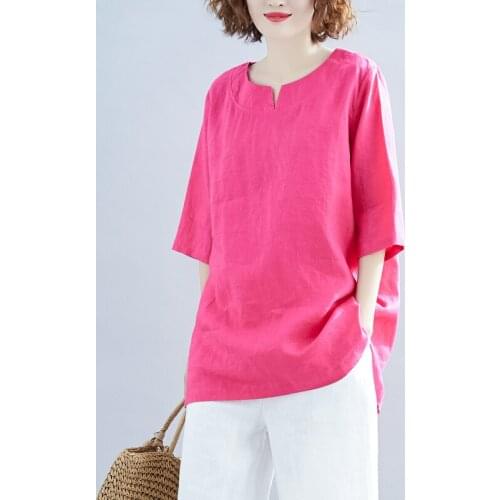 Five-point sleeve linen T-shirt womens loose large yards linen half sleeve T-shirt to coverleeve jacket
