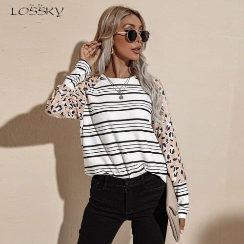 Fashion Striped Long Sleeve T-shirts Elegant Basic White Top Vintage Leopard Stitching Blouses Spring Autumn 2021 Sweatshirt
