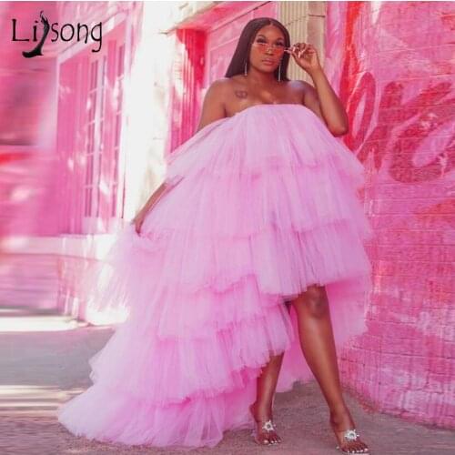 Fashion Pink Ruffles Tiered Tulle Robe 2020 Elastic Puffy Long Formal Party Dresses Off The Shoulder Abendkleider Vestido