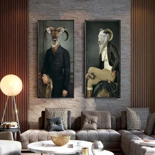 MUTU Art Canvas Nostalgic Gentleman Painting Wall Animal Sheep Goat Posters HD Prints For Living Room Modern Home decor No Frame