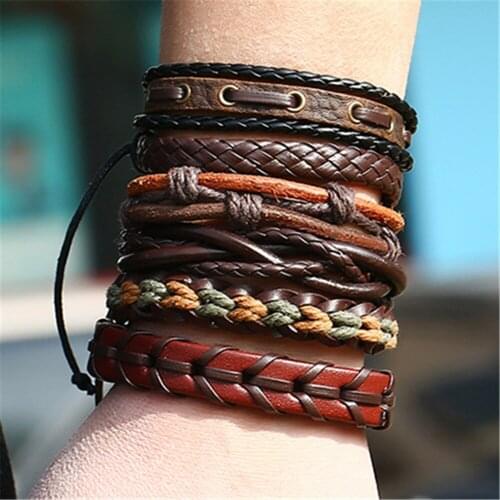 Genuine Leather Bracelets Men 6pcs/set Wristbands Fish Vintage Fashion Black Brown Leather Bracelets Women Homme Jewelry