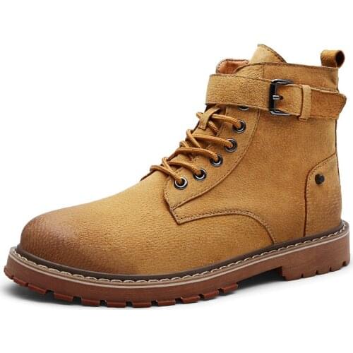 Mens high-end leather Martin boots, mens casual lace-up brown handmade boots, non-slip work boots, motorcycle shoes