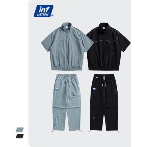 INFLATION 2021 Spring Mens Outdoor Tracksuit Windbreaker Short Sleeve Jacket Men Casual Joggers Set Men Sportwear Two Piece Set