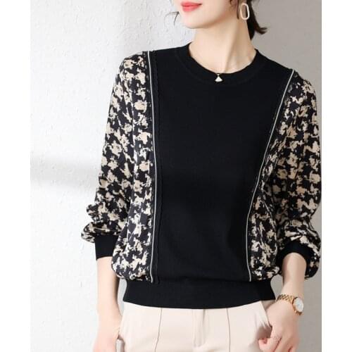 New 2021 spring printing Chiffon stitching fake two piece knitted shirt womens round neck loose long sleeve top thin