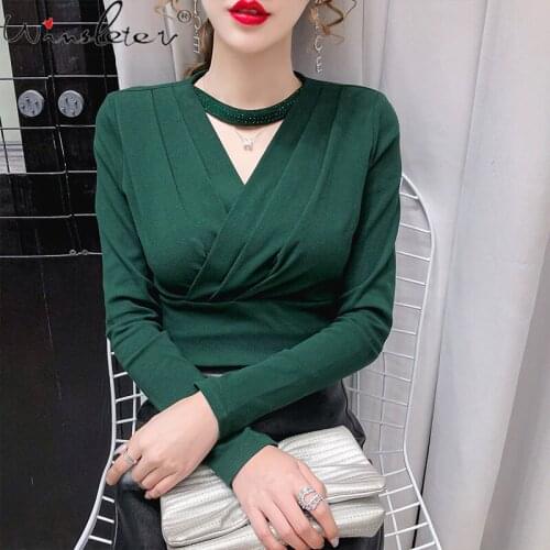 Fall Winter Clothing For Women Cotton T-shirt Halter Cross Neck Diamonds Solid Tops Long Sleeve Slim Stretchy Tops T010206A