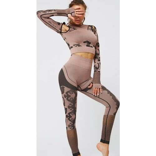 Popular Fashion Hollow Navel Exposed Women Printing Sports Long Sleeve T Shirt Fitness Yoga Tights Pants