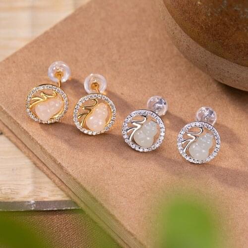 S925 sterling silver gold-plated natural Hetian jade ear studs retro personalized fu character gourd hollow womens earrings