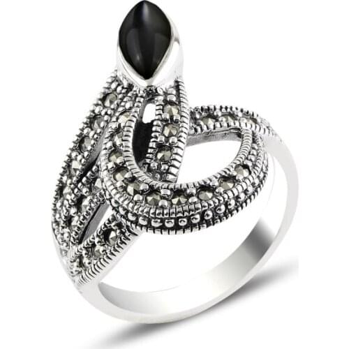 Silverlina Silver Onyx & Marcasite Ring