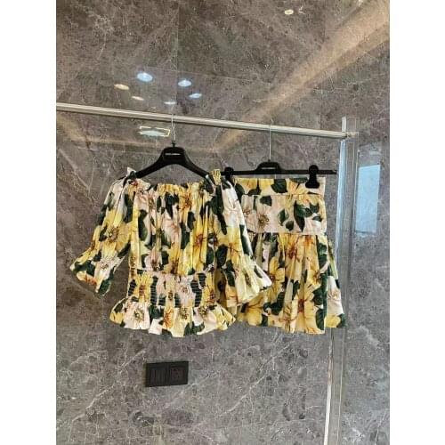 Top 2021 Ladies Summer Set Camellia Printed Cotton Short Skirt Vacation Casual Sicily Blouse Puff Sleeve