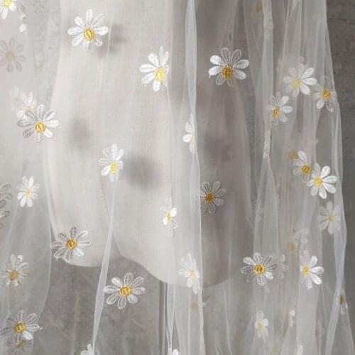 Flower Daisy Embroidery Tulle Soft Mesh Fabric For Dress Skirt Transparent Lace Net fabric Gauze Apparel Cloth DIY Sewing 0.5yd
