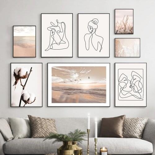 Sunset Beach Wave Birds Canvas Painting Abstract Body Line Wall Art Prints Cotton Reed Poster Wall Pictures Living Room Decor