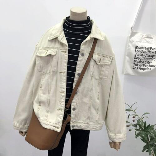 Harajuku Beige Denim Jacket Women Loose Single-breasted Long sleeve Jeans jacket Spring Autumn Female Casual Student Basic Coat