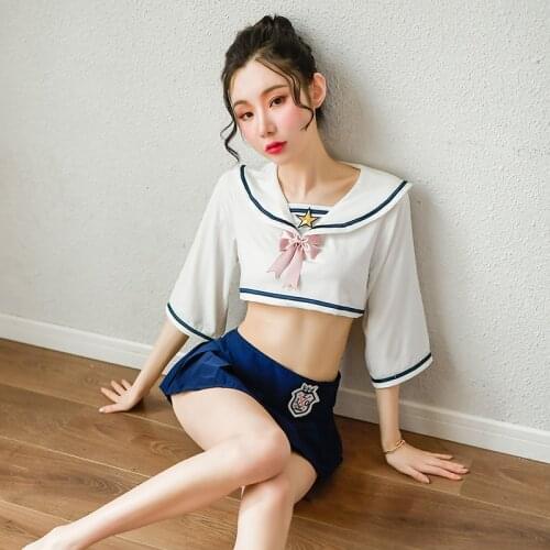 Women Japanese Sex School Uniforms Mini Skirt Student JK Suit Sailor Crop Tops & Skirt & Thong Sexy Lingerie Set Cosplay Costume