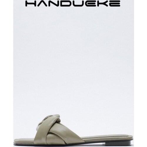 Slippers Womens 2021 Summer New Style Woven Khaki Green Flat Sandals Leather Holiday Soft Sole Outer Wear Beach Shoes Women